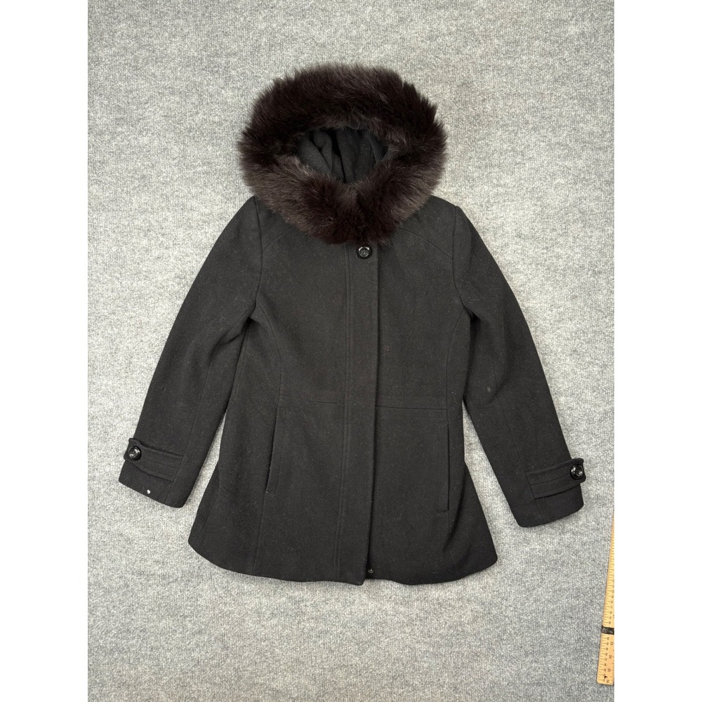 Sachi Collection Black Merino Wool Fox Fur Trim Hooded Coat Jacket Womens XS